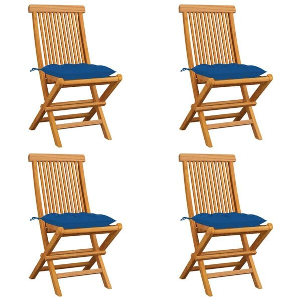 vidaXL Krzesła ogrodowe, niebieskie poduszki, 4 szt., drewno tekowe