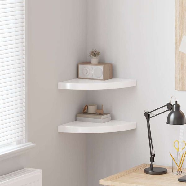 vidaXL Narożne p&oacute;łki ścienne, 2 szt., połysk, białe, 35x35x3,8 cm, MDF