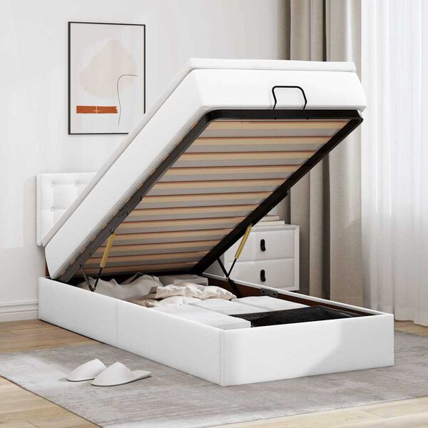 vidaXL Rama ł&oacute;żka otomana z materacem, biała, 90x190 cm, ekosk&oacute;ra