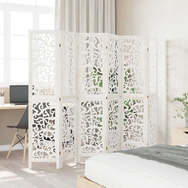 vidaXL Parawan pokojowy, 6-panelowy, biały, lite drewno paulowni