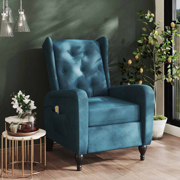 vidaXL Rozkładany fotel masujący, niebieski, obity aksamitem