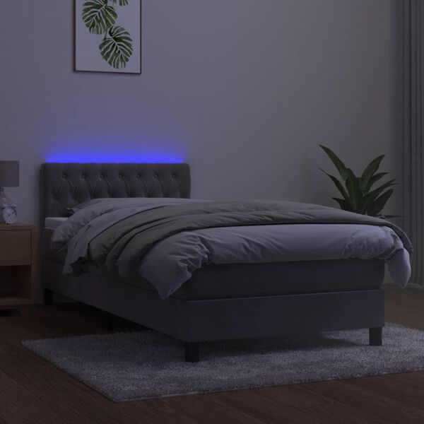 vidaXL Ł&oacute;żko kontynentalne z materacem i LED, szare 90x200 cm, aksamit