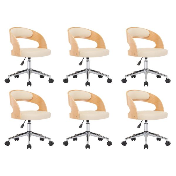 vidaXL Krzesła obrotowe 6 szt., kremowe, gięte drewno i sztuczna sk&oacute;ra