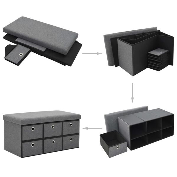 vidaXL Składana ławka, schowek, sztuczny len, 76x38x38 cm, ciemnoszara