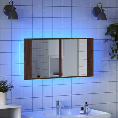 vidaXL Szafka łazienkowa z lustrem i LED, brązowy dąb, 90x12x45, akryl