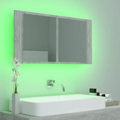 vidaXL Szafka łazienkowa z lustrem i LED, szarość betonu, akryl