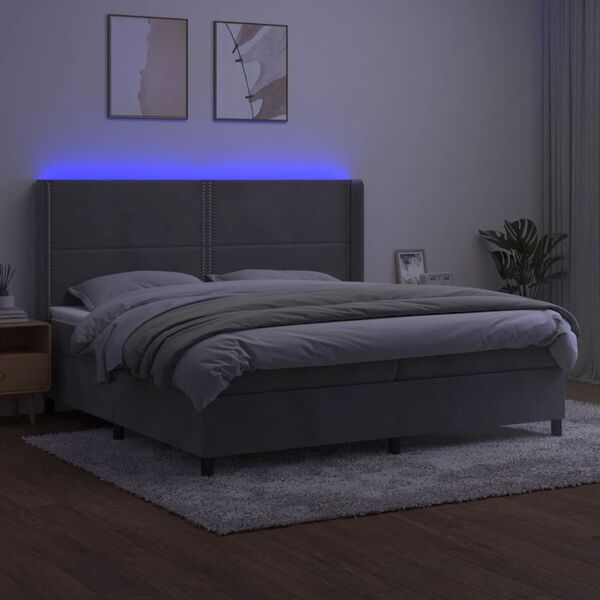 vidaXL Ł&oacute;żko kontynentalne z materacem i LED, szare 200x200cm, aksamit