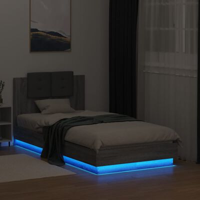 vidaXL Rama łóżka z wezgłowiem i LED, szary dąb sonoma, 75x190 cm