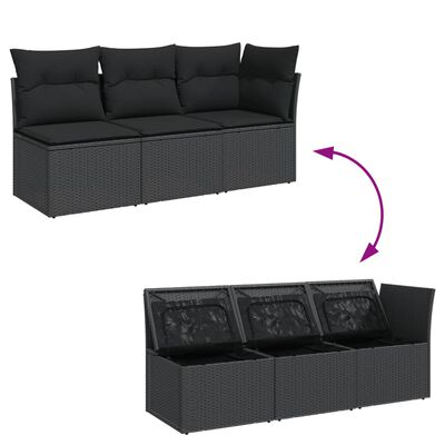 vidaXL Sofa ogrodowa z poduszkami, 3-osobowa, czarna, polirattan