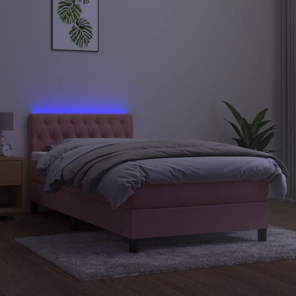 vidaXL Ł&oacute;żko kontynentalne z materacem i LED, r&oacute;żowy aksamit 90x190 cm