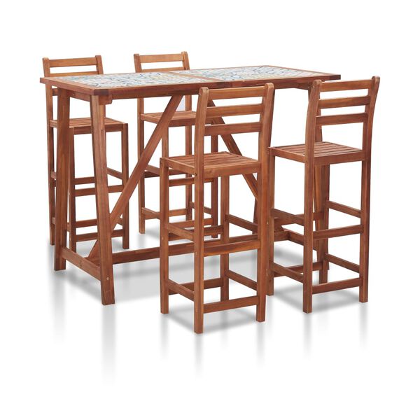 vidaXL 5-cz. barowy zestaw ogrodowy, mozaikowy blat i drewno akacjowe