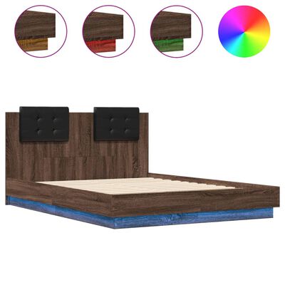 vidaXL Rama łóżka z wezgłowiem i LED, brązowy dąb, 140x190 cm