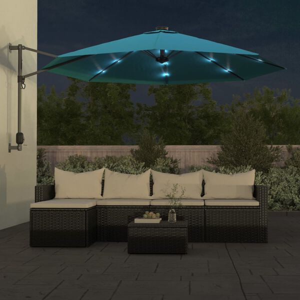 vidaXL Ścienny parasol ogrodowy z LED, niebieski, 290 cm