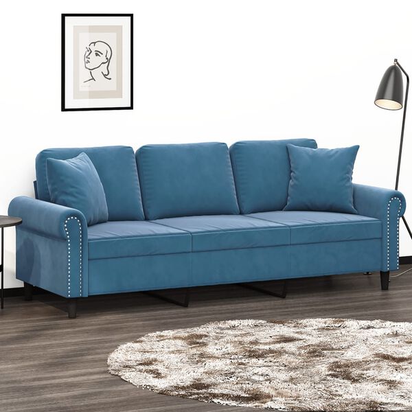 vidaXL 3-osobowa sofa z poduszkami, niebieska, 180 cm, aksamit
