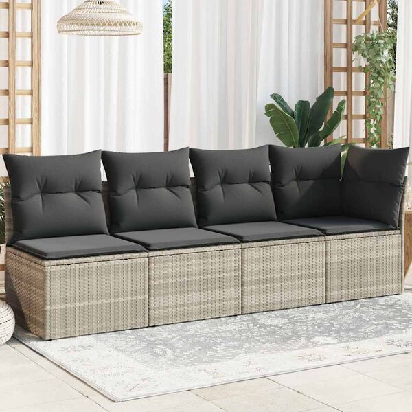 vidaXL Sofa ogrodowa z poduszkami, 4-osobowa, jasnoszara, polirattan