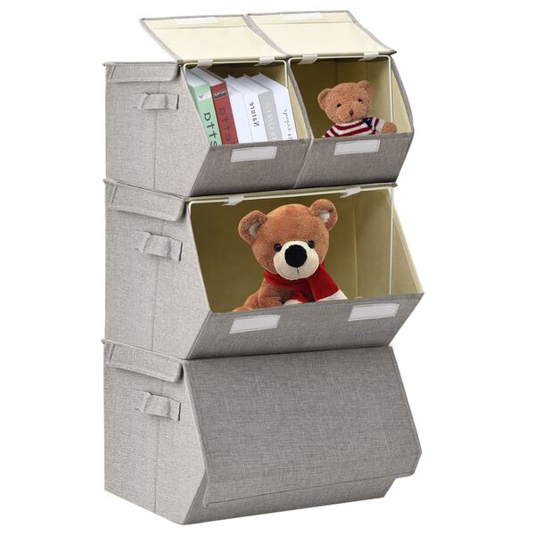 vidaXL Sztaplowane pudełka, 4 szt., z tkaniny, szare