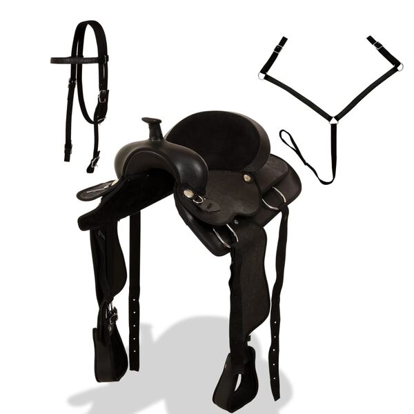 vidaXL Siodło westernowe, ogłowie i napierśnik, 16", sk&oacute;ra, czarne