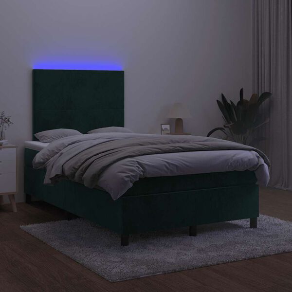 vidaXL Ł&oacute;żko kontynentalne z materacem i LED, ciemnozielone, 120x190cm