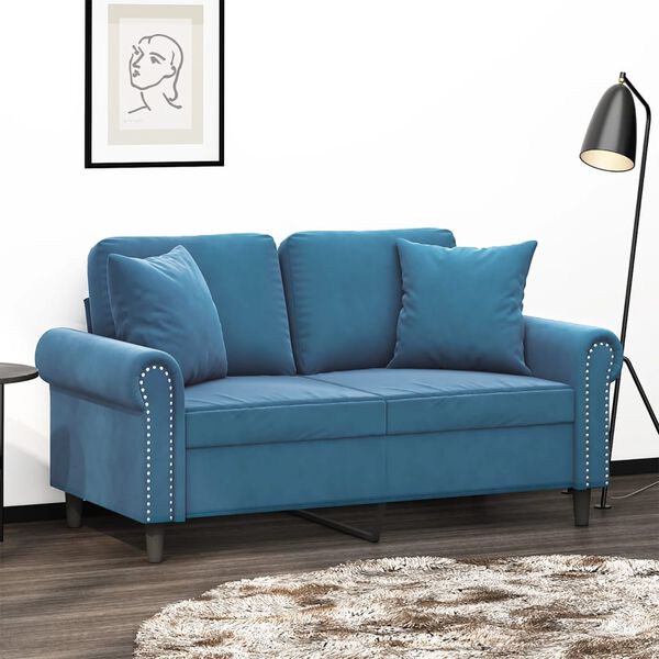 vidaXL 2-osobowa sofa z poduszkami, niebieska, 120 cm, aksamit