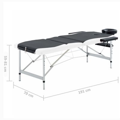vidaXL Składany stół do masażu, 3-strefowy, aluminiowy, czarno-biały