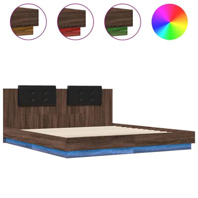 vidaXL Rama łóżka z wezgłowiem i LED, brązowy dąb, 160x200 cm