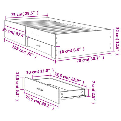 vidaXL Rama łóżka z szufladami, brązowy dąb, 90x190 cm