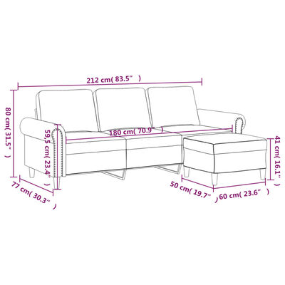 vidaXL 3-osobowa sofa z podnóżkiem, jasnoszara, 180 cm, aksamit