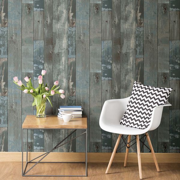 DUTCH WALLCOVERINGS Tapeta, wz&oacute;r starych desek, szaro-niebieska