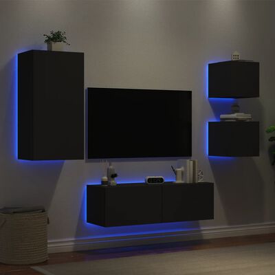 vidaXL 4-cz. zestaw ściennych mebli TV z oświetleniem LED, czarny