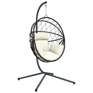 vidaXL Wiszące krzesło kokon ze stojakiem, beżowe, rattan i stal