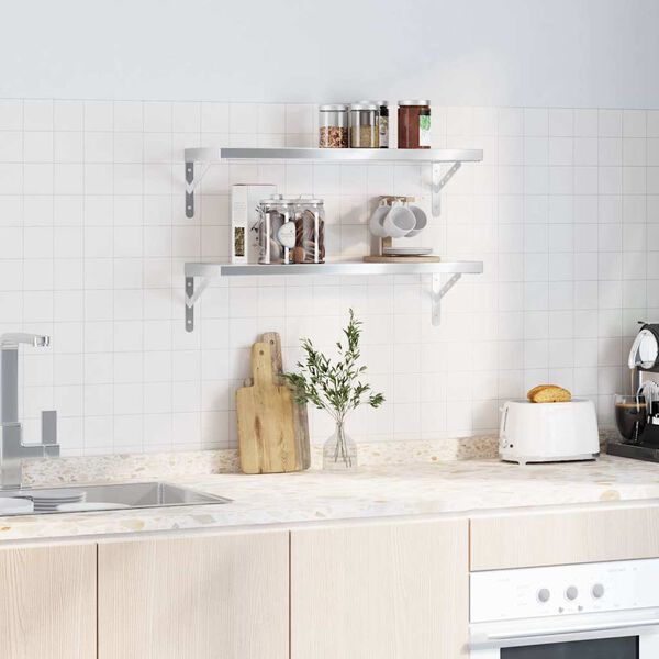 vidaXL P&oacute;łki ścienne, 2 szt., 75x23,5 cm, srebrna stal nierdzewna