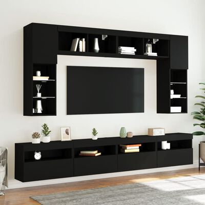 vidaXL 8-cz. zestaw ściennych szafek TV z oświetleniem LED, czarny
