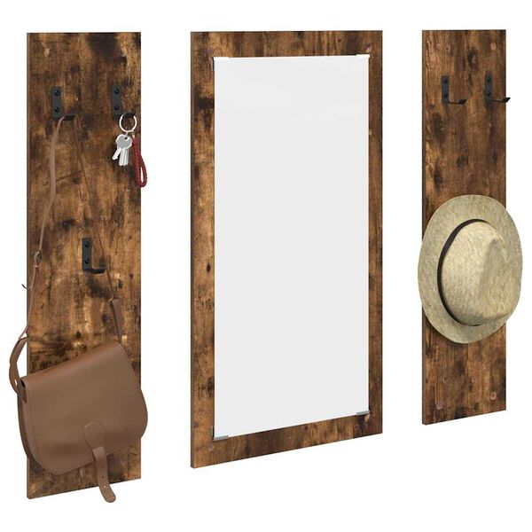 vidaXL Wieszak na płaszcze montowany na ścianie Z lustrem Dąb wędzony