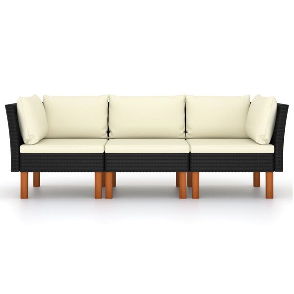 vidaXL 3-osobowa sofa ogrodowa z poduszkami, polirattan, czarna