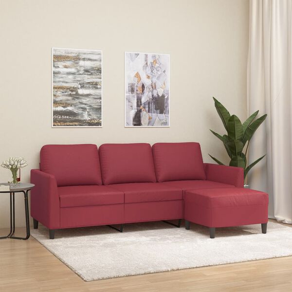 vidaXL 3-osobowa sofa z podnóżkiem, winna czerwień, 180 cm, ekoskóra