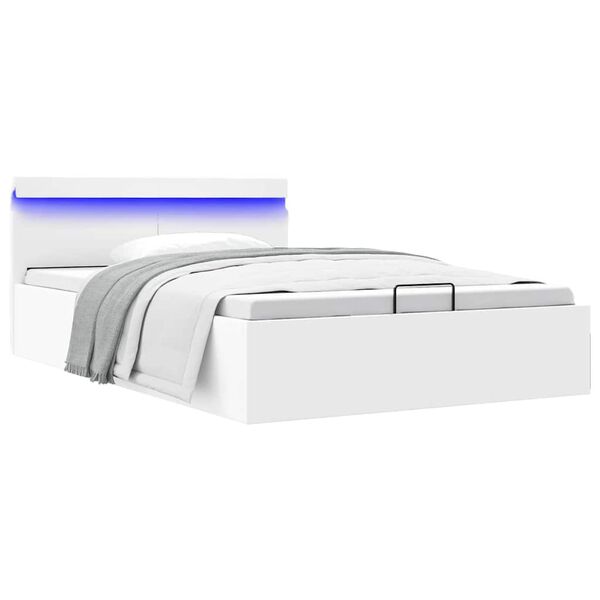 vidaXL Rama ł&oacute;żka z podnośnikiem i LED, biała, ekosk&oacute;ra, 140 x 200 cm