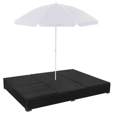 vidaXL Leżak ogrodowy z parasolem, polirattan, czarny