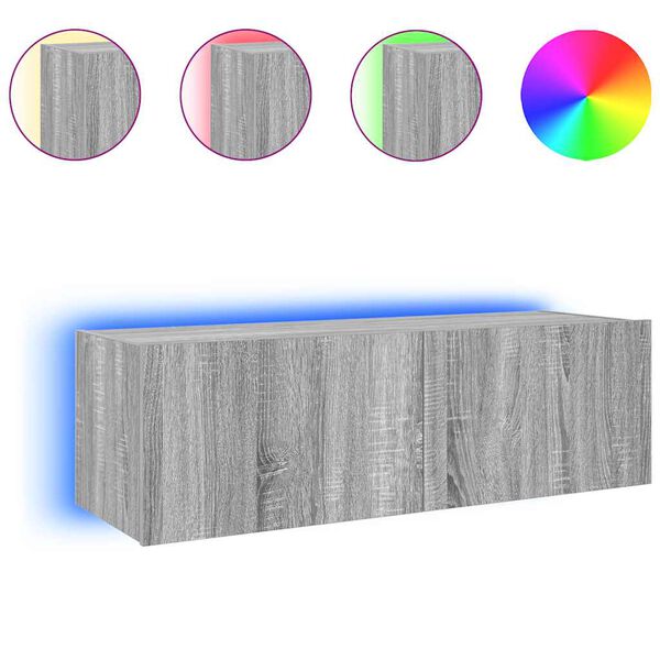 vidaXL Ścienna szafka TV z LED, szary dąb sonoma, 100x35x31 cm