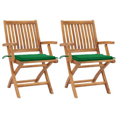 vidaXL Krzesła ogrodowe, 2 szt., zielone poduszki, drewno tekowe
