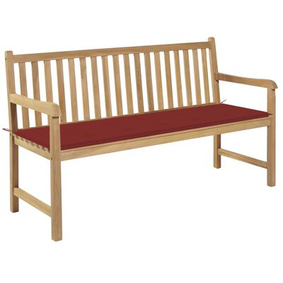 vidaXL Ławka ogrodowa z czerwoną poduszką, 150 cm, lite drewno tekowe