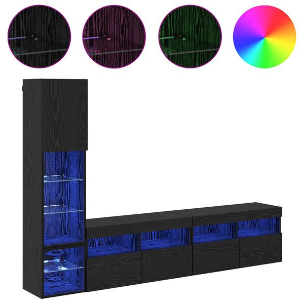 vidaXL Unit ścienny do telewizora z LED 4 pcs Czarny Dąb