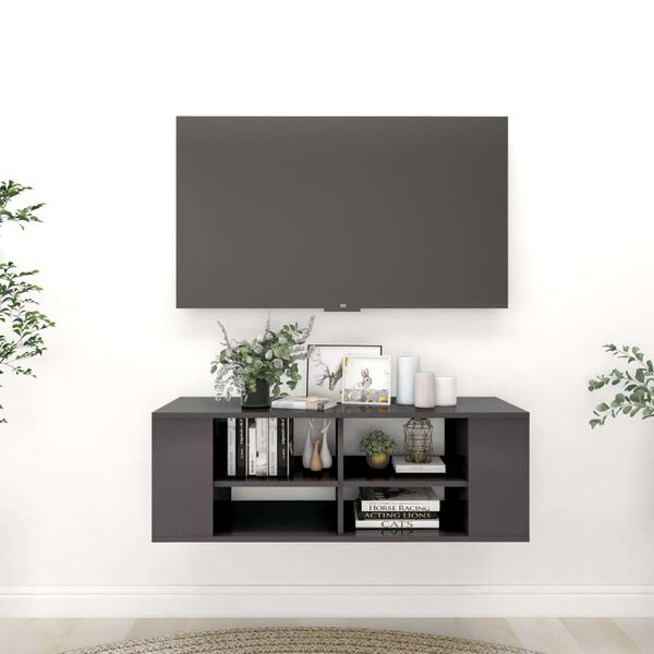 vidaXL Wisząca szafka pod TV, szara, wysoki połysk, 102x35x35 cm