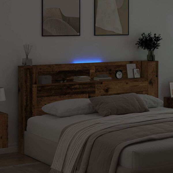 vidaXL Zagł&oacute;wek Ze LED Lights z p&oacute;łką Stare drewno 200 x 15 x 103,5 cm