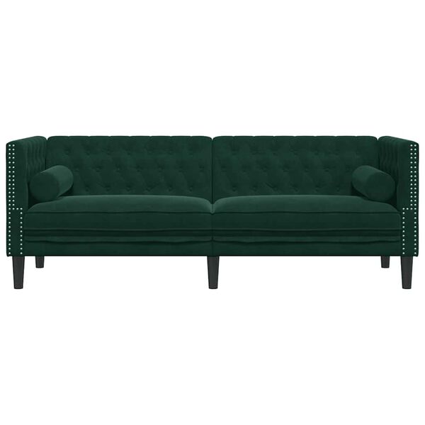 vidaXL Sofa Chesterfield z wałkami, 3-osobowa, ciemnozielona, aksamit
