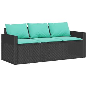 vidaXL Sofa ogrodowa z poduszkami, 3-osobowa, czarna, polirattan