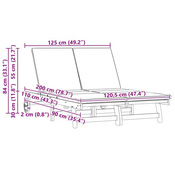 vidaXL Leżak z poduszką Brązowy 125 x 200 x 84cm Lite drewno akacjowe