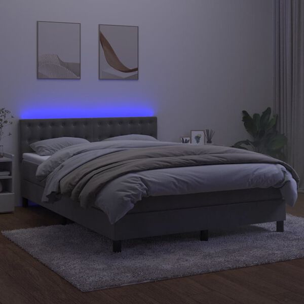 vidaXL Ł&oacute;żko kontynentalne z materacem i LED, jasnoszare, 140x190cm, aksamit