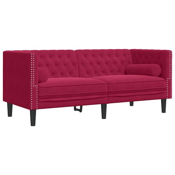 vidaXL Sofa Chesterfield z wałkami, dwuosobowa, bordowa, aksamit