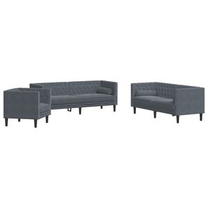 vidaXL 3-cz. wypoczynek Chesterfield z wałkami, ciemnoszary, aksamit