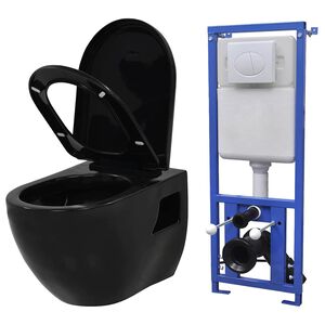 vidaXL Podwieszana toaleta ceramiczna ze spłuczką, czarna